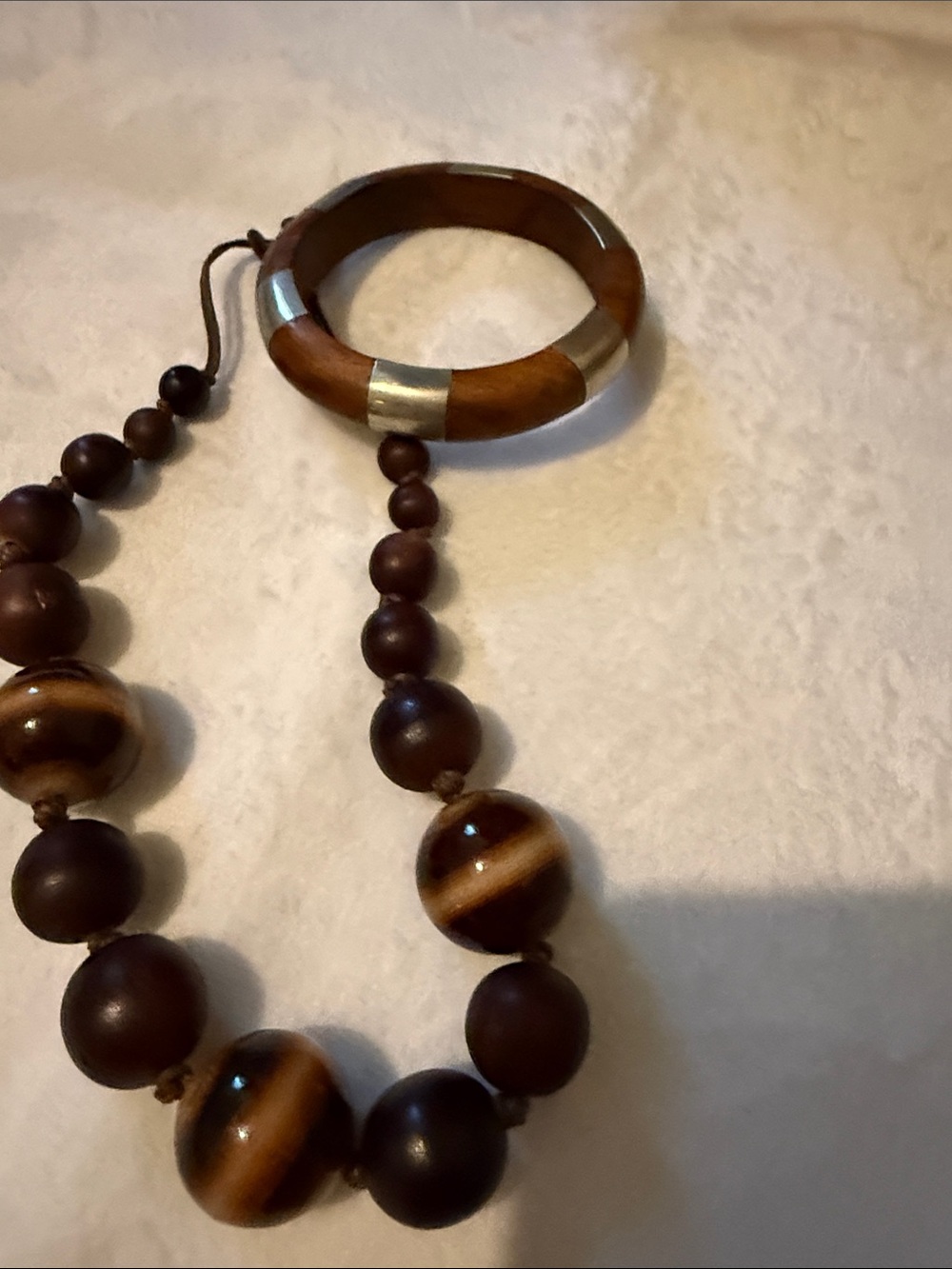 Wood and Metal Accent Brown Beaded Necklace and bracelet set - Brand
